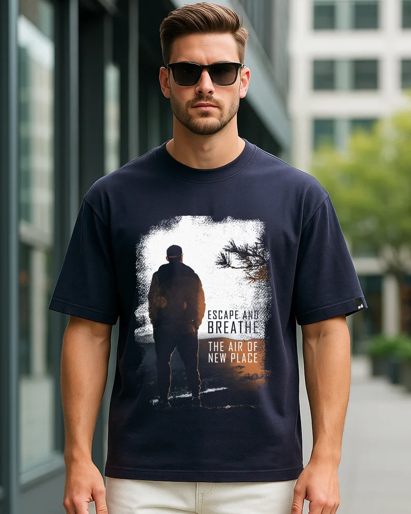 بيواكوف Men's Navy Blue Make Tracks Graphic Printed Oversized T-shirt